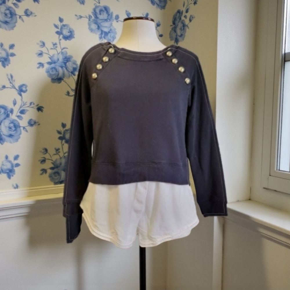 Anthropologie Navy Nautical Sweatshirt Gold Stud Detail Faux Blouse Size S